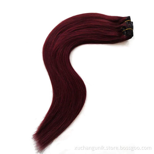 Uniky Wholesale thick bottom 24inch full head body wave 99j clip in human hair extension for fashion women